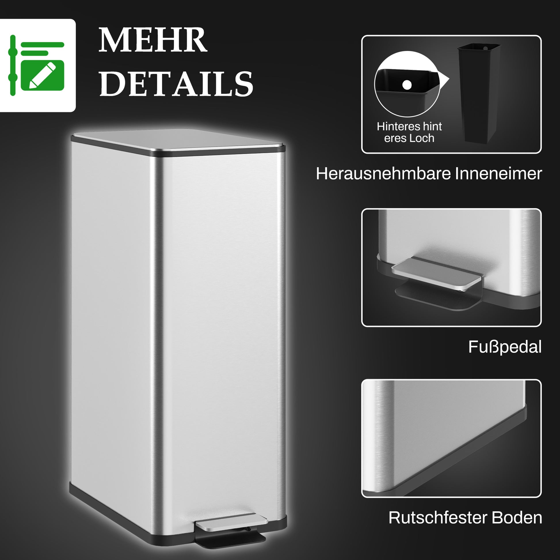 20L Trash Can with Soft Close Lid and Pedal, Trash Bin incl. Inner Bucket, Waste Collector, Stainless Steel for Bathroom, Bedroom, or Living Room, Silver, 21.5 x 37.2 x 57 cm
