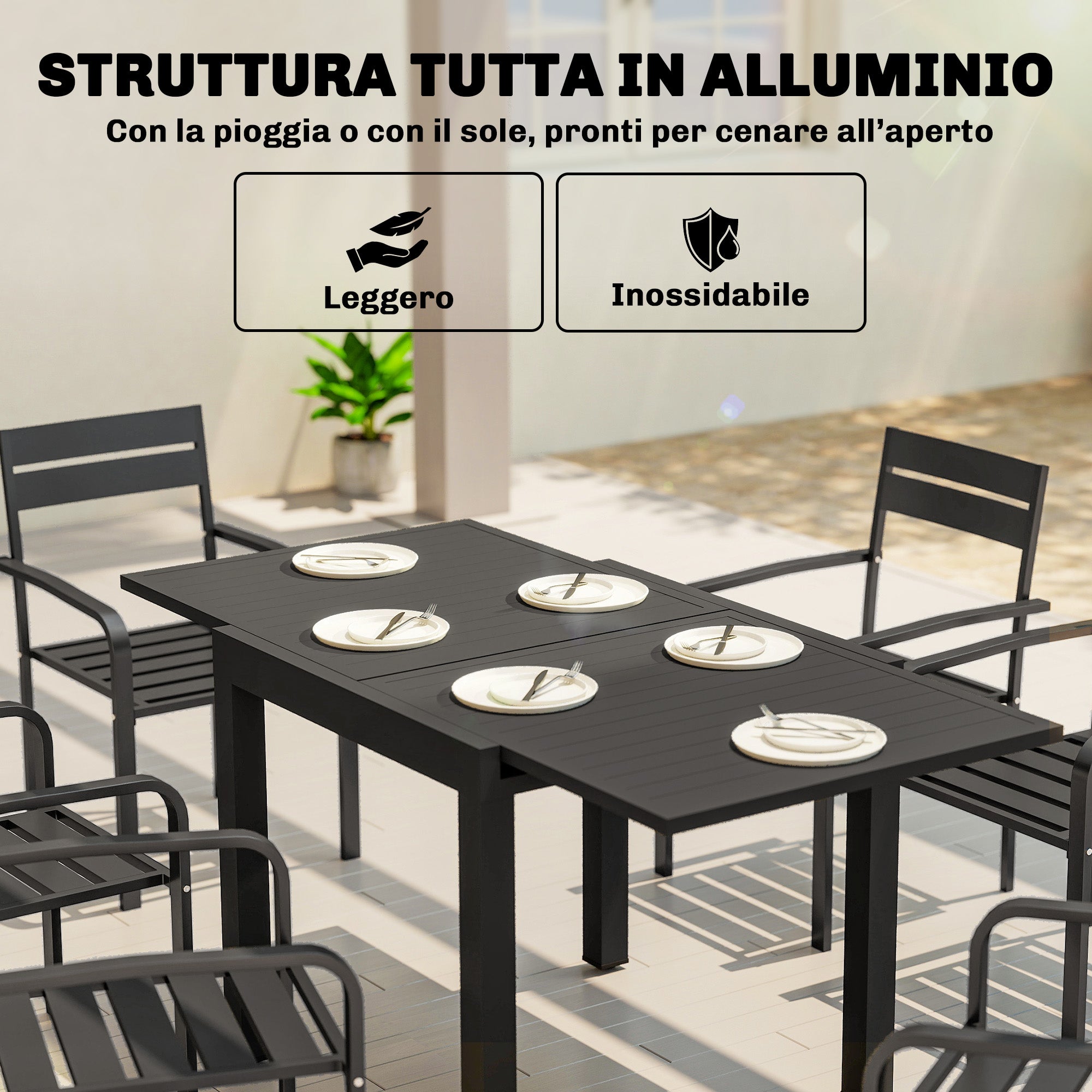 Extendable Outdoor Dining Table for 4–6, 31.5/63 x 31.5 in (80/160 x 80 cm) — Black Powder-Coated Aluminum Slatted Top