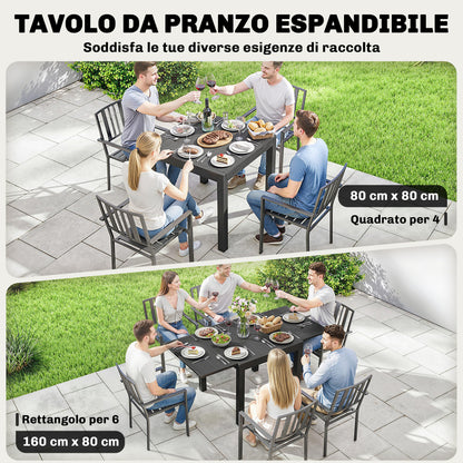 Extendable Outdoor Dining Table for 4–6, 31.5/63 x 31.5 in (80/160 x 80 cm) — Black Powder-Coated Aluminum Slatted Top