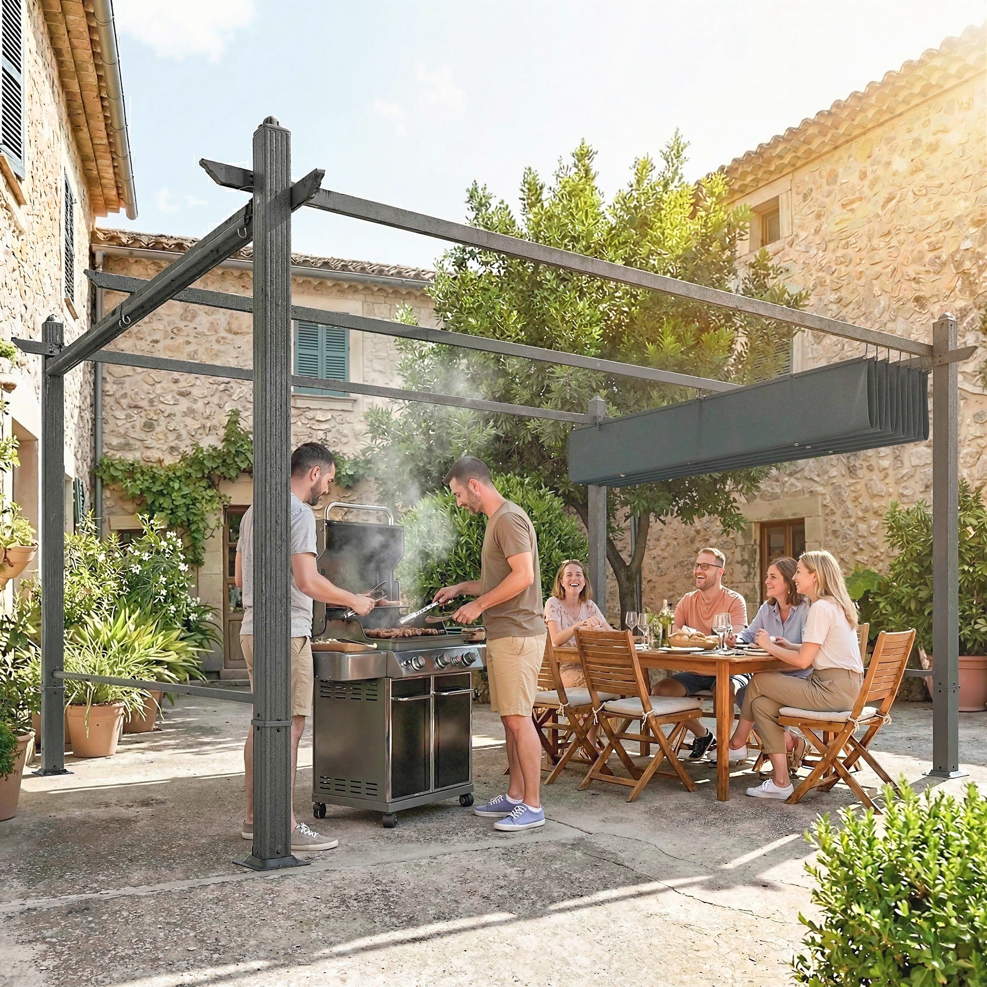 13' x 10' (4 x 3 m) Retractable Garden Pergola with 4 Automatic Roll-Up Curtains, UV50+ Canopy, Aluminum Frame, Integrated Drainage — Dark Gray