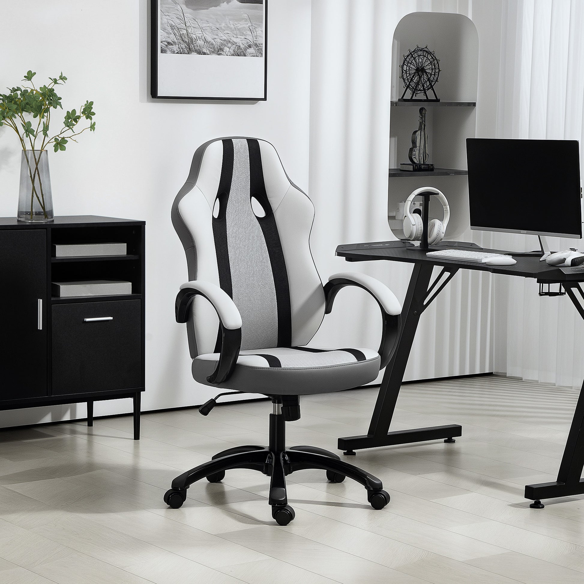 PU and Mesh Upholstered Gaming Chair Swivel Gamer Chair with Rocking Function Adjustable Height for Home Office Study Grey