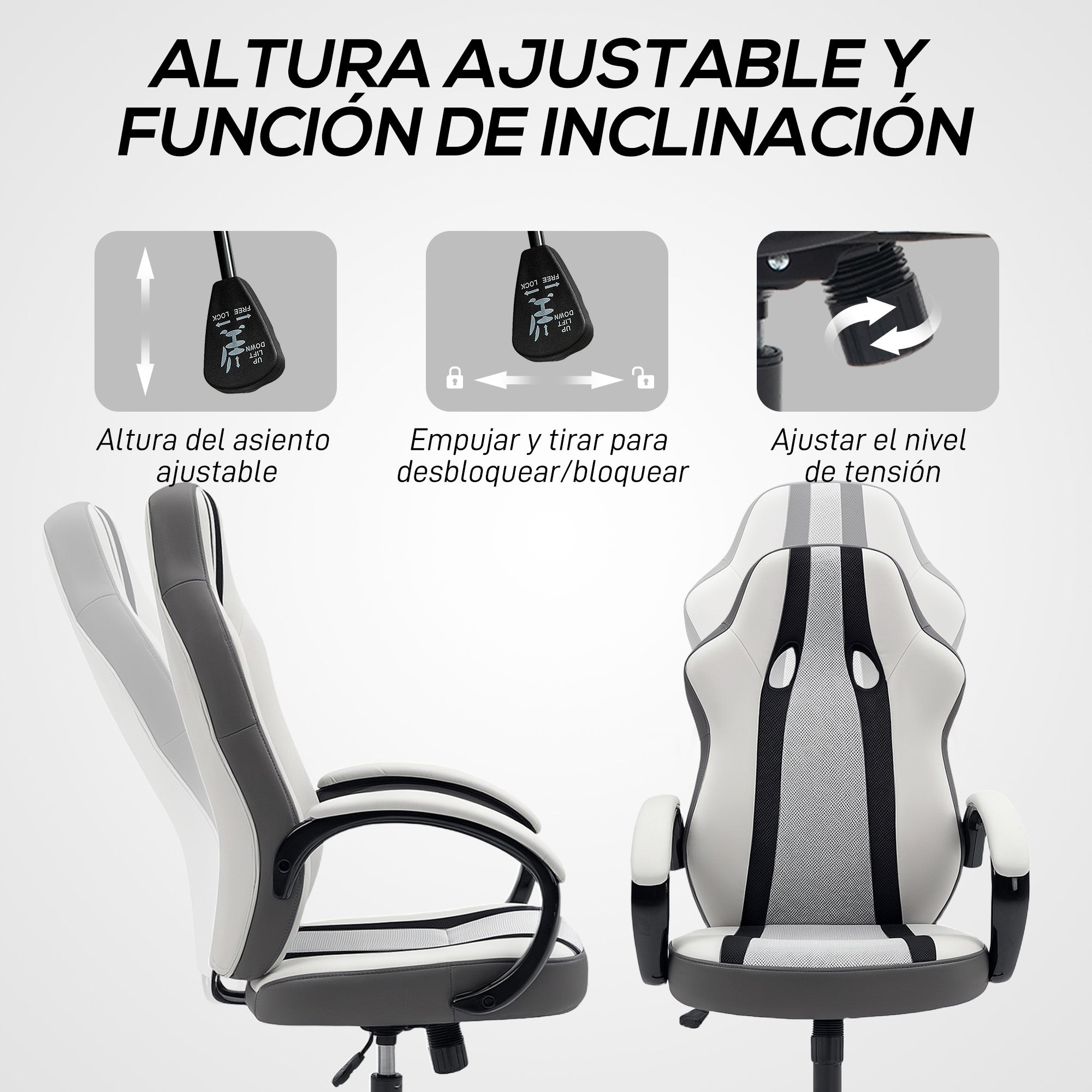 PU and Mesh Upholstered Gaming Chair Swivel Gamer Chair with Rocking Function Adjustable Height for Home Office Study Grey