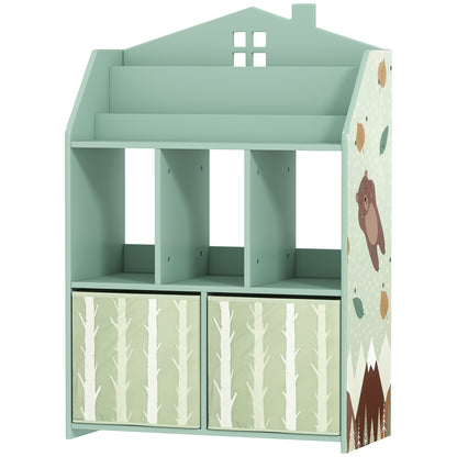 Children's Toy Shelf with Fabric Drawers, Open Shelves & Bear Design, Organizer for Bedroom, Playroom, Nursery — Green