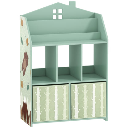Children's Toy Shelf with Fabric Drawers, Open Shelves & Bear Design, Organizer for Bedroom, Playroom, Nursery — Green