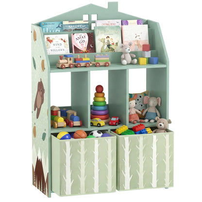 Children's Toy Shelf with Fabric Drawers, Open Shelves & Bear Design, Organizer for Bedroom, Playroom, Nursery — Green
