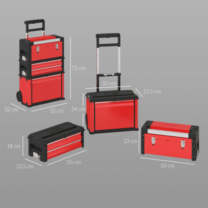 Tool Cart with Case Tool Trolley Empty with 3 Modular Units, Rolling Cart for Tool Storage, Tool Box with Handle, Steel, Red