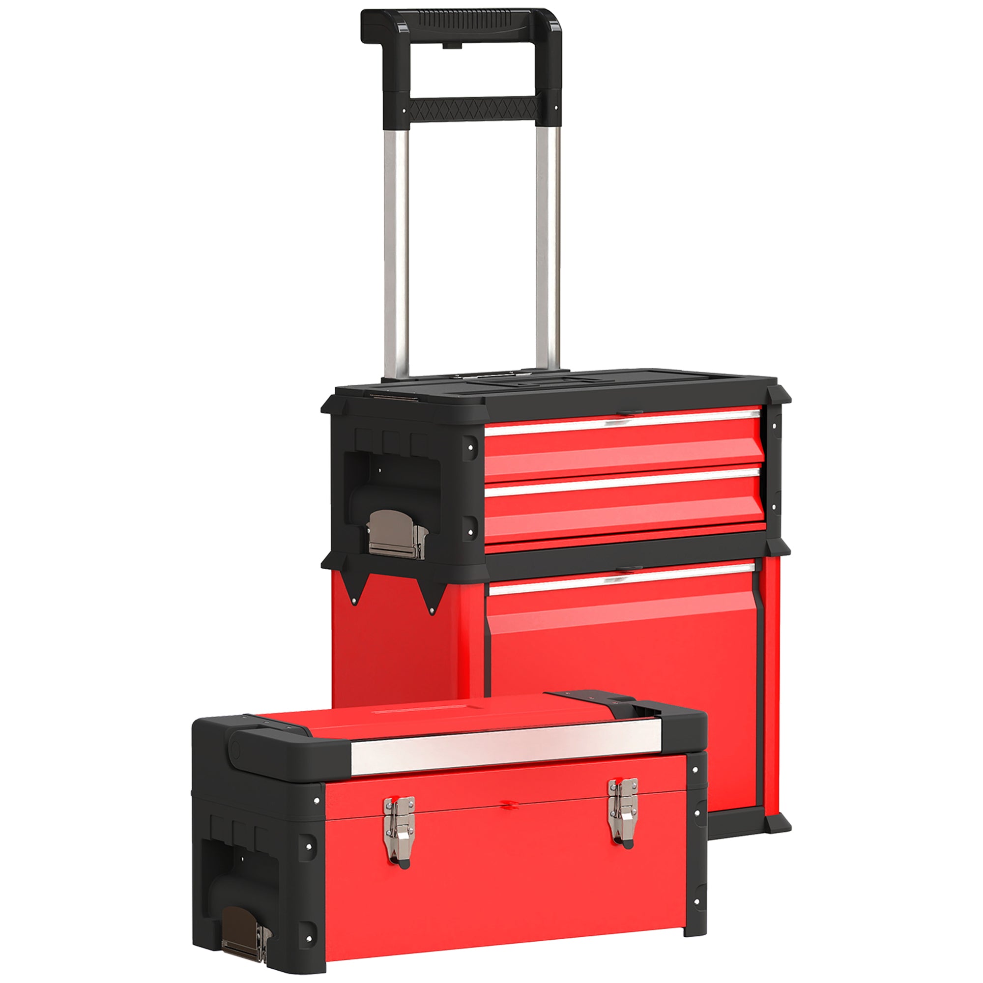 Tool Cart with Case Tool Trolley Empty with 3 Modular Units, Rolling Cart for Tool Storage, Tool Box with Handle, Steel, Red