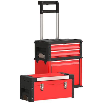 Tool Cart with Case Tool Trolley Empty with 3 Modular Units, Rolling Cart for Tool Storage, Tool Box with Handle, Steel, Red