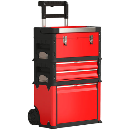 Tool Cart with Case Tool Trolley Empty with 3 Modular Units, Rolling Cart for Tool Storage, Tool Box with Handle, Steel, Red