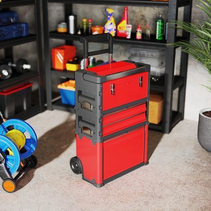 Tool Cart with Case Tool Trolley Empty with 3 Modular Units, Rolling Cart for Tool Storage, Tool Box with Handle, Steel, Red