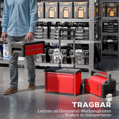 Tool Cart with Case Tool Trolley Empty with 3 Modular Units, Rolling Cart for Tool Storage, Tool Box with Handle, Steel, Red