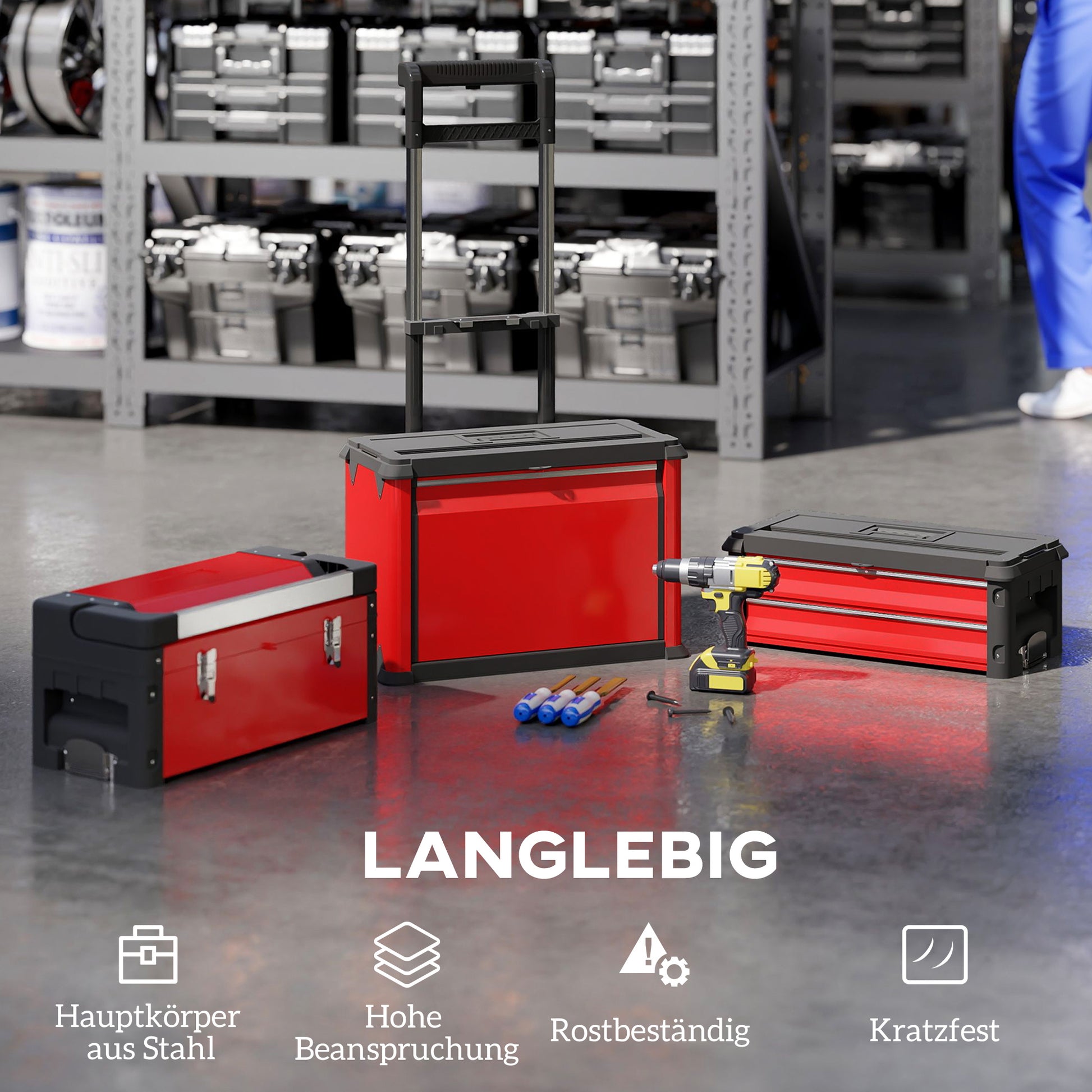 Tool Cart with Case Tool Trolley Empty with 3 Modular Units, Rolling Cart for Tool Storage, Tool Box with Handle, Steel, Red