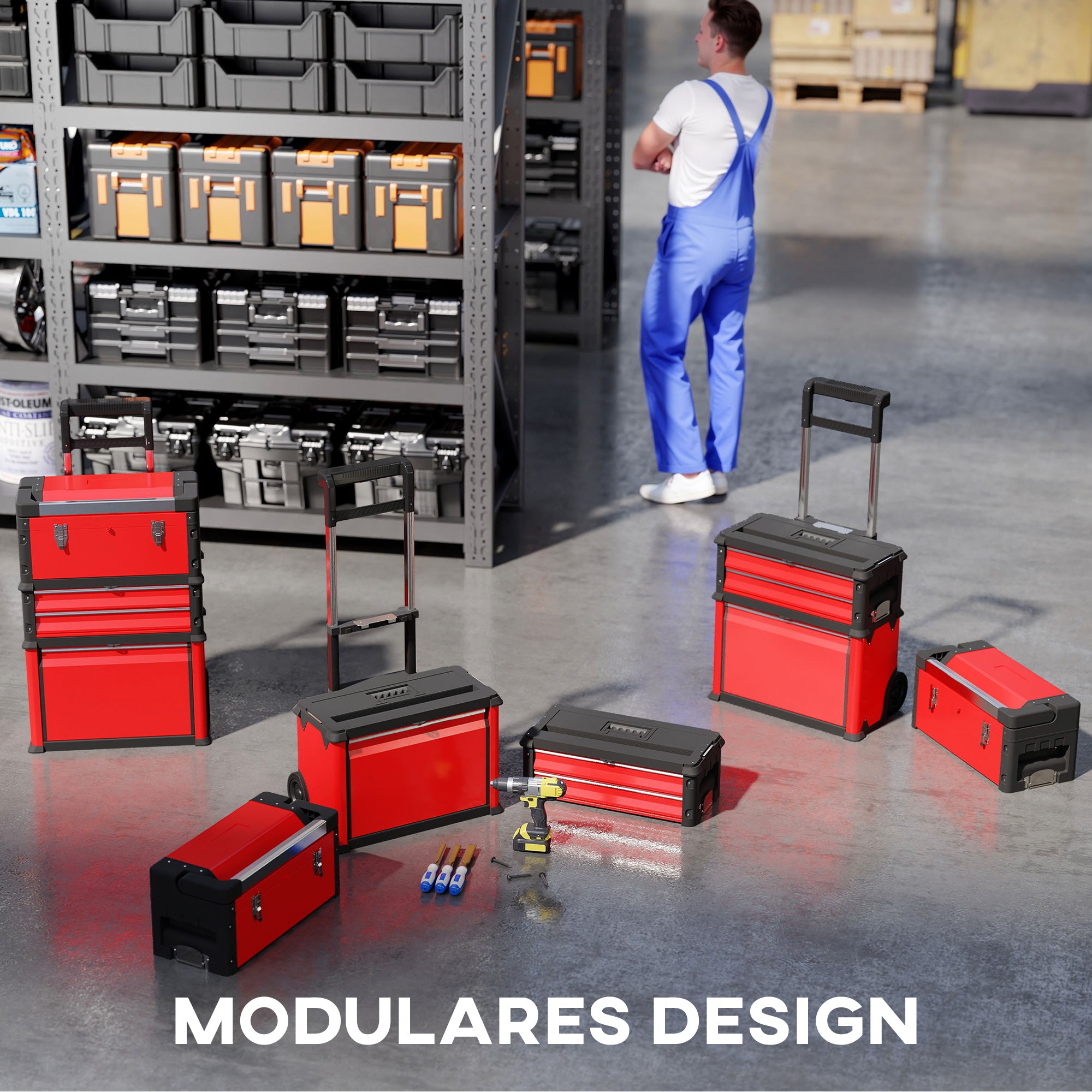 Tool Cart with Case Tool Trolley Empty with 3 Modular Units, Rolling Cart for Tool Storage, Tool Box with Handle, Steel, Red