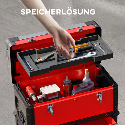 Tool Cart with Case Tool Trolley Empty with 3 Modular Units, Rolling Cart for Tool Storage, Tool Box with Handle, Steel, Red