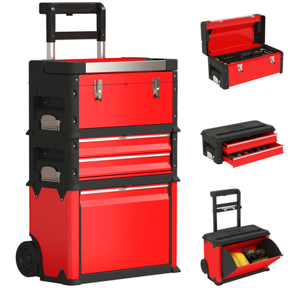 Tool Cart with Case Tool Trolley Empty with 3 Modular Units, Rolling Cart for Tool Storage, Tool Box with Handle, Steel, Red