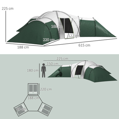 Tunnel Tent, Camping Tent for 6-9 People, Family Tent with 3 Bedrooms, Living Room, Veranda, Carrying Bag, 2000mm Water-Resistant Oxford, for Garden, Green