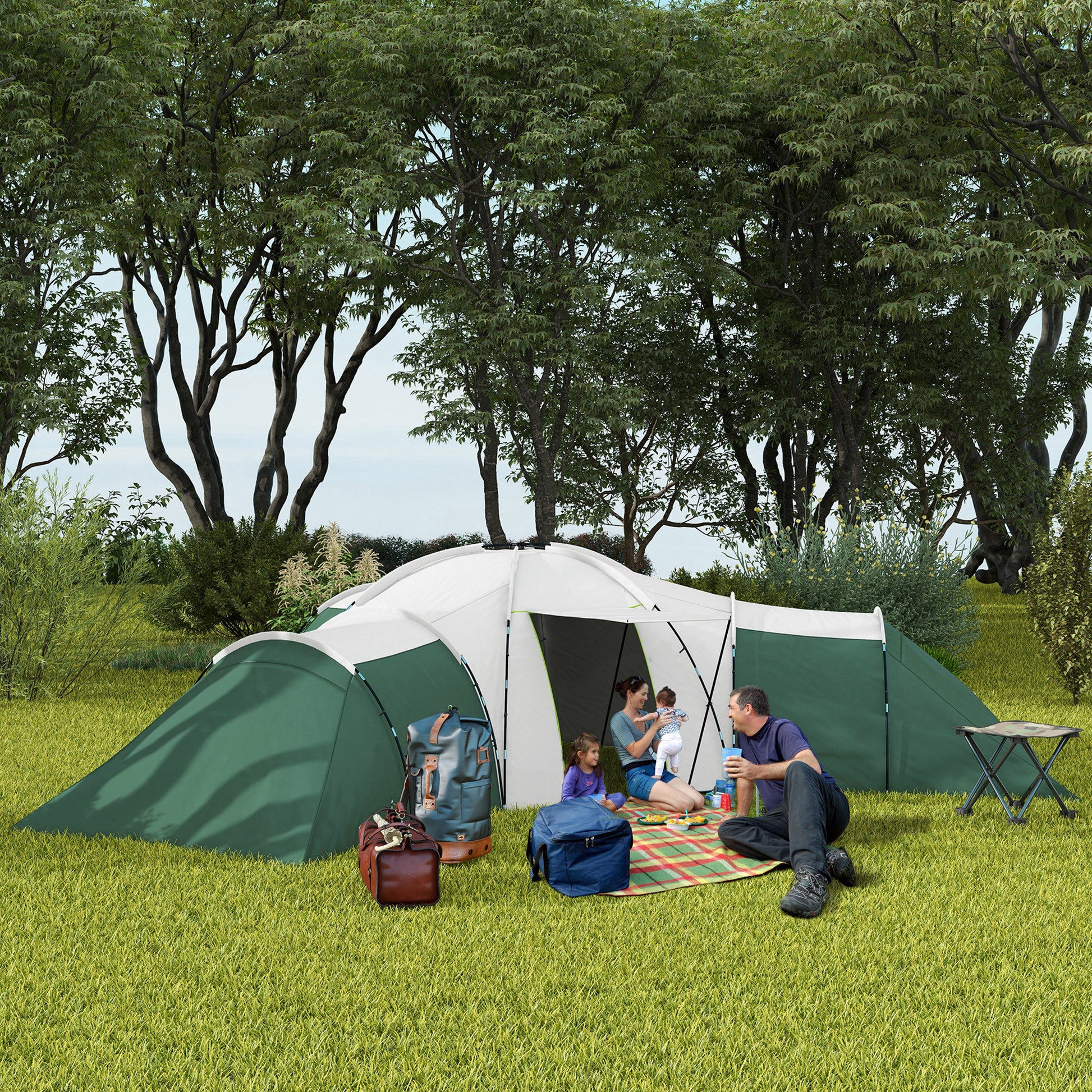 Tunnel Tent, Camping Tent for 6-9 People, Family Tent with 3 Bedrooms, Living Room, Veranda, Carrying Bag, 2000mm Water-Resistant Oxford, for Garden, Green