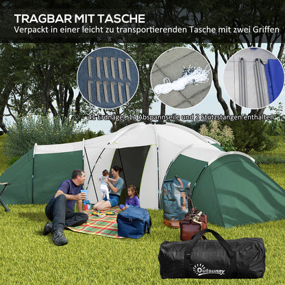 Tunnel Tent, Camping Tent for 6-9 People, Family Tent with 3 Bedrooms, Living Room, Veranda, Carrying Bag, 2000mm Water-Resistant Oxford, for Garden, Green