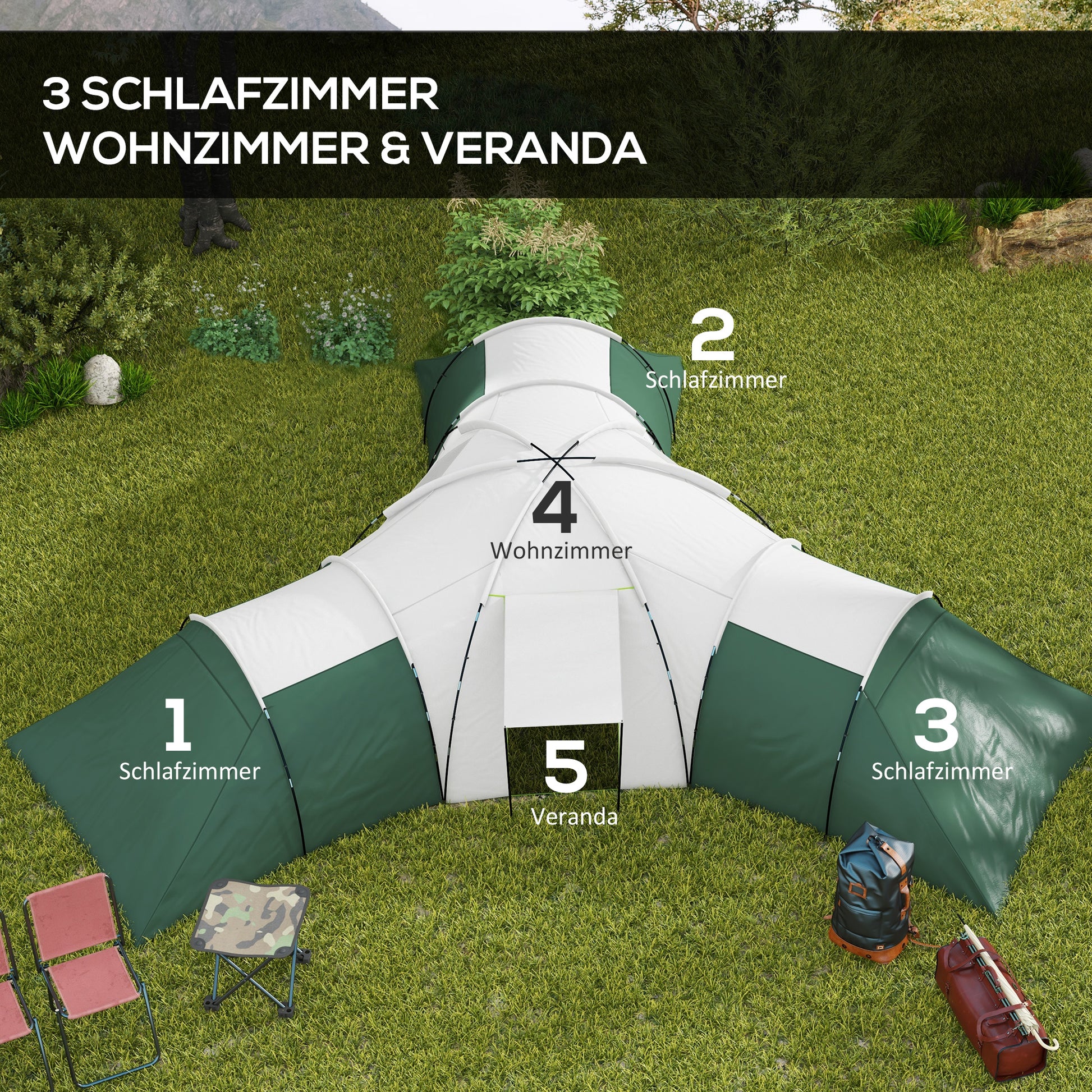 Tunnel Tent, Camping Tent for 6-9 People, Family Tent with 3 Bedrooms, Living Room, Veranda, Carrying Bag, 2000mm Water-Resistant Oxford, for Garden, Green