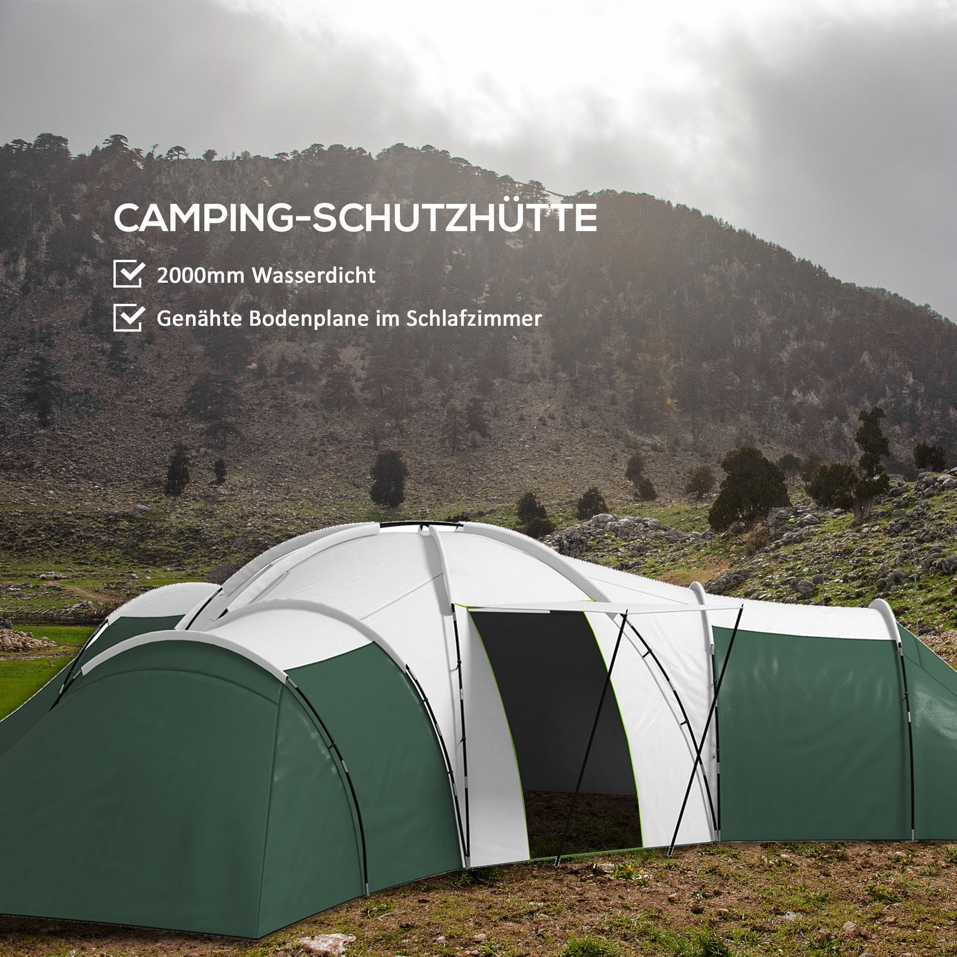 Tunnel Tent, Camping Tent for 6-9 People, Family Tent with 3 Bedrooms, Living Room, Veranda, Carrying Bag, 2000mm Water-Resistant Oxford, for Garden, Green