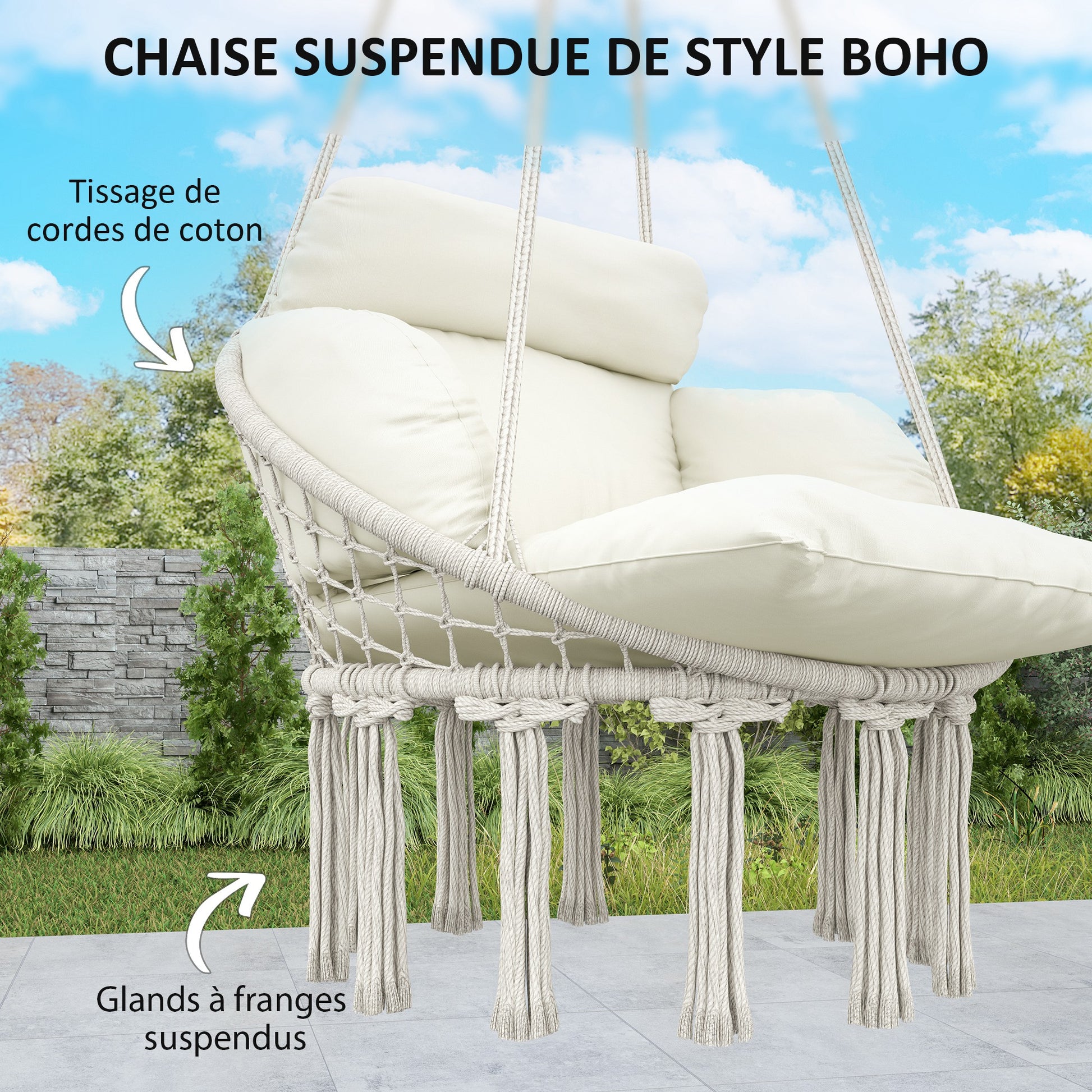 Hanging Chair with Large Padded Cushion, Fringed Hanging Chair, Suspension Kit Included, Steel Frame Hammock, Tight Weave, Cream