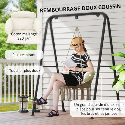 Hanging Chair with Large Padded Cushion, Fringed Hanging Chair, Suspension Kit Included, Steel Frame Hammock, Tight Weave, Cream