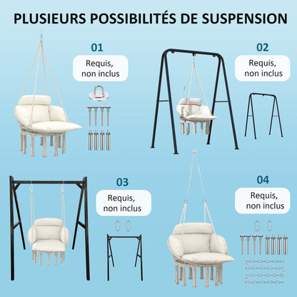 Hanging Chair with Large Padded Cushion, Fringed Hanging Chair, Suspension Kit Included, Steel Frame Hammock, Tight Weave, Cream