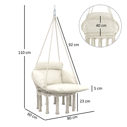 Hanging Chair with Large Padded Cushion, Fringed Hanging Chair, Suspension Kit Included, Steel Frame Hammock, Tight Weave, Cream