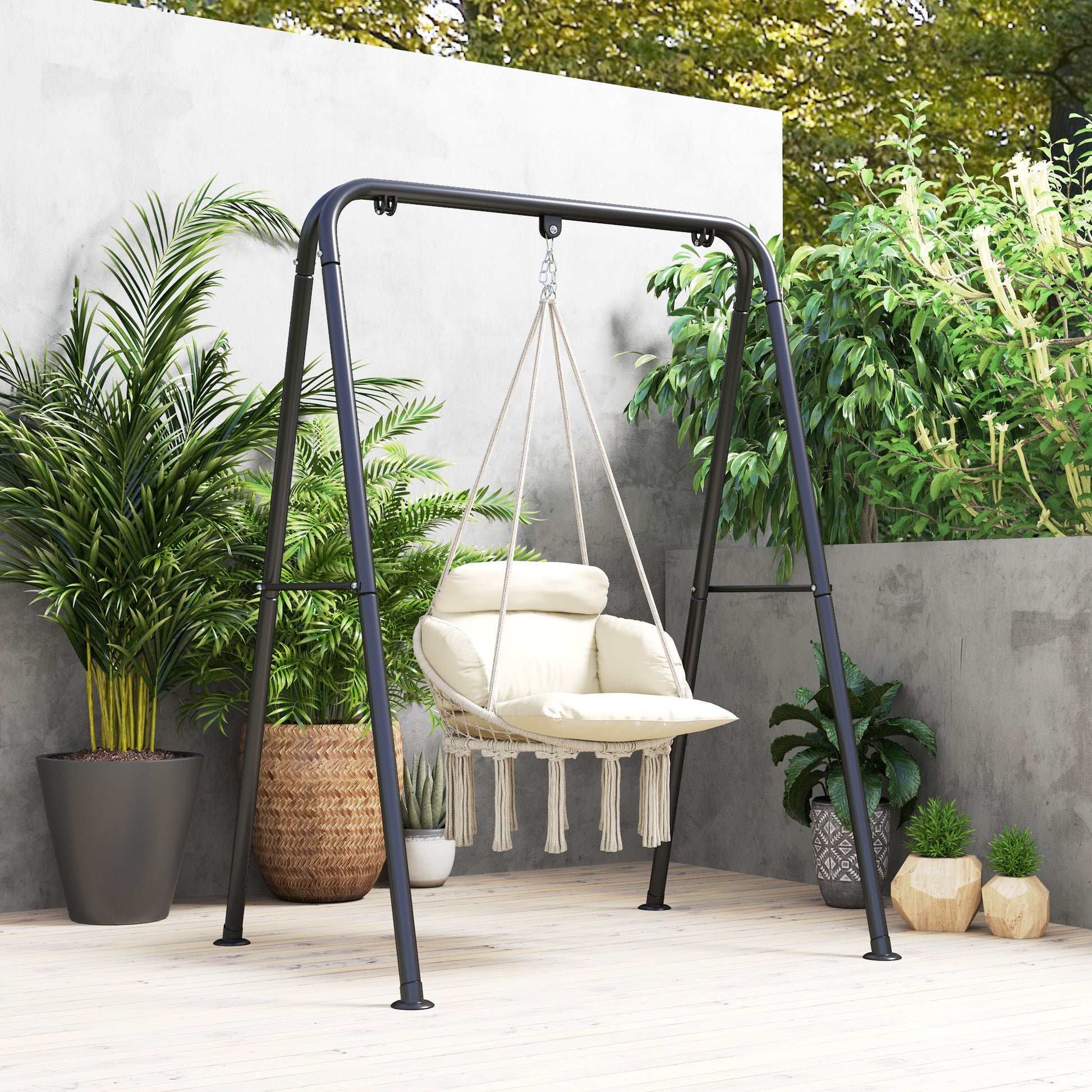 Hanging Chair with Large Padded Cushion, Fringed Hanging Chair, Suspension Kit Included, Steel Frame Hammock, Tight Weave, Cream