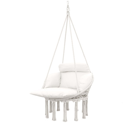 Hanging Chair with Large Padded Cushion, Fringed Hanging Chair, Suspension Kit Included, Steel Frame Hammock, Tight Weave, Cream