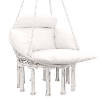 Hanging Chair with Large Padded Cushion, Fringed Hanging Chair, Suspension Kit Included, Steel Frame Hammock, Tight Weave, Cream