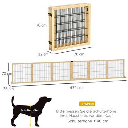 Dog Gate Adjustable Pet Safety Gate with Feet 432 x 70 cm Wood Dog Barrier Foldable Stair Gate Dog Safety Gate for Stairs, Doors, Hallway, 6 Panels, Natural Wood