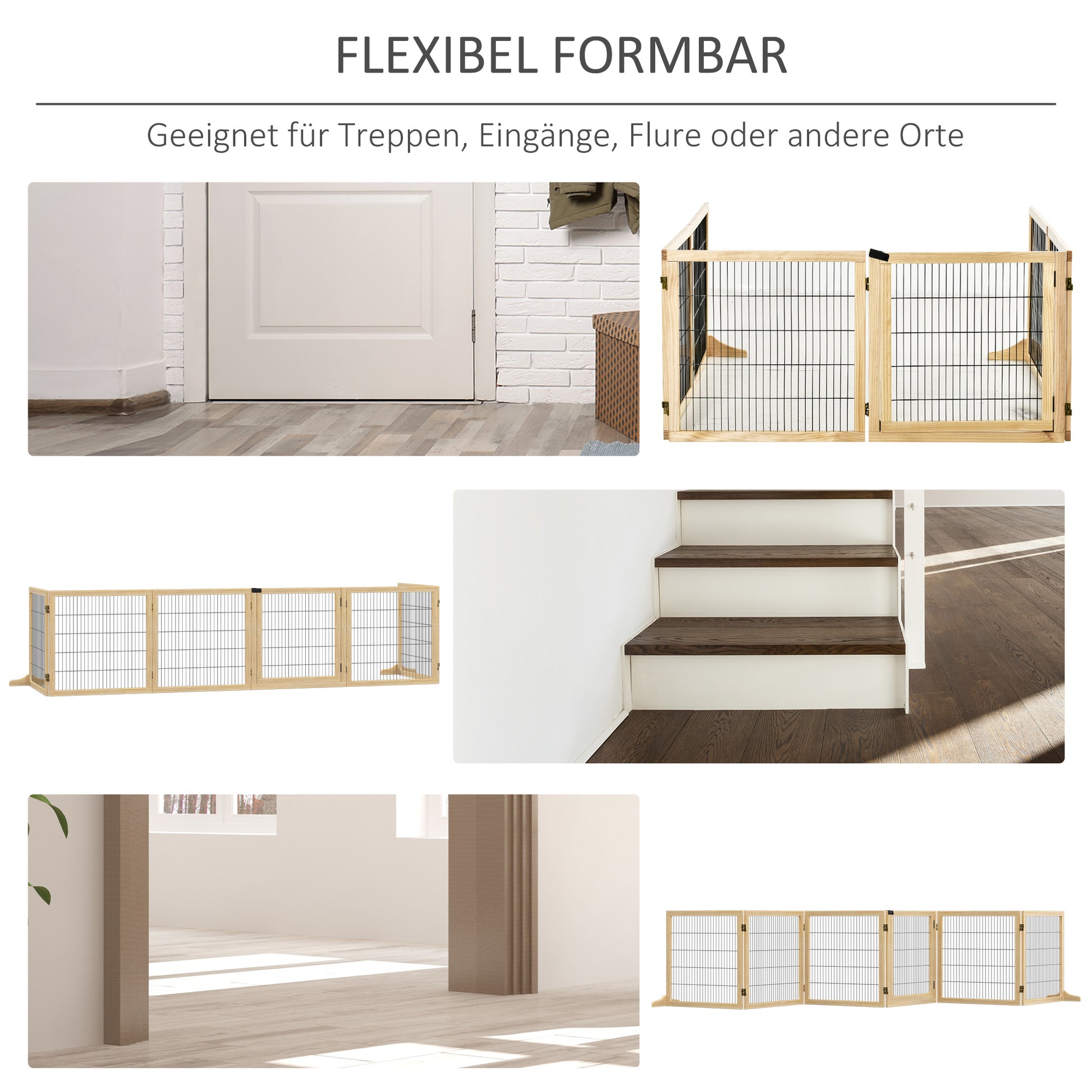 Dog Gate Adjustable Pet Safety Gate with Feet 432 x 70 cm Wood Dog Barrier Foldable Stair Gate Dog Safety Gate for Stairs, Doors, Hallway, 6 Panels, Natural Wood
