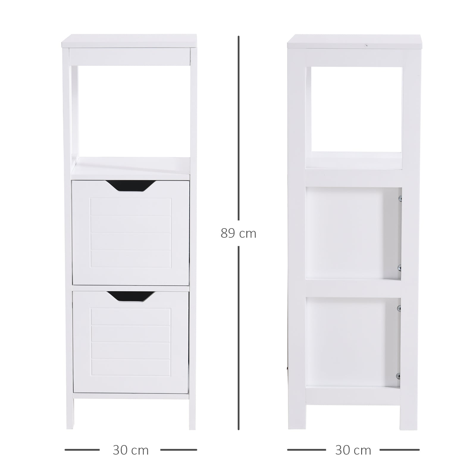 Bathroom Cabinet Multifunctional Storage Cabinet with Open Shelf 2 Storage Drawers Anti-Tip Design 30x30x89 cm White