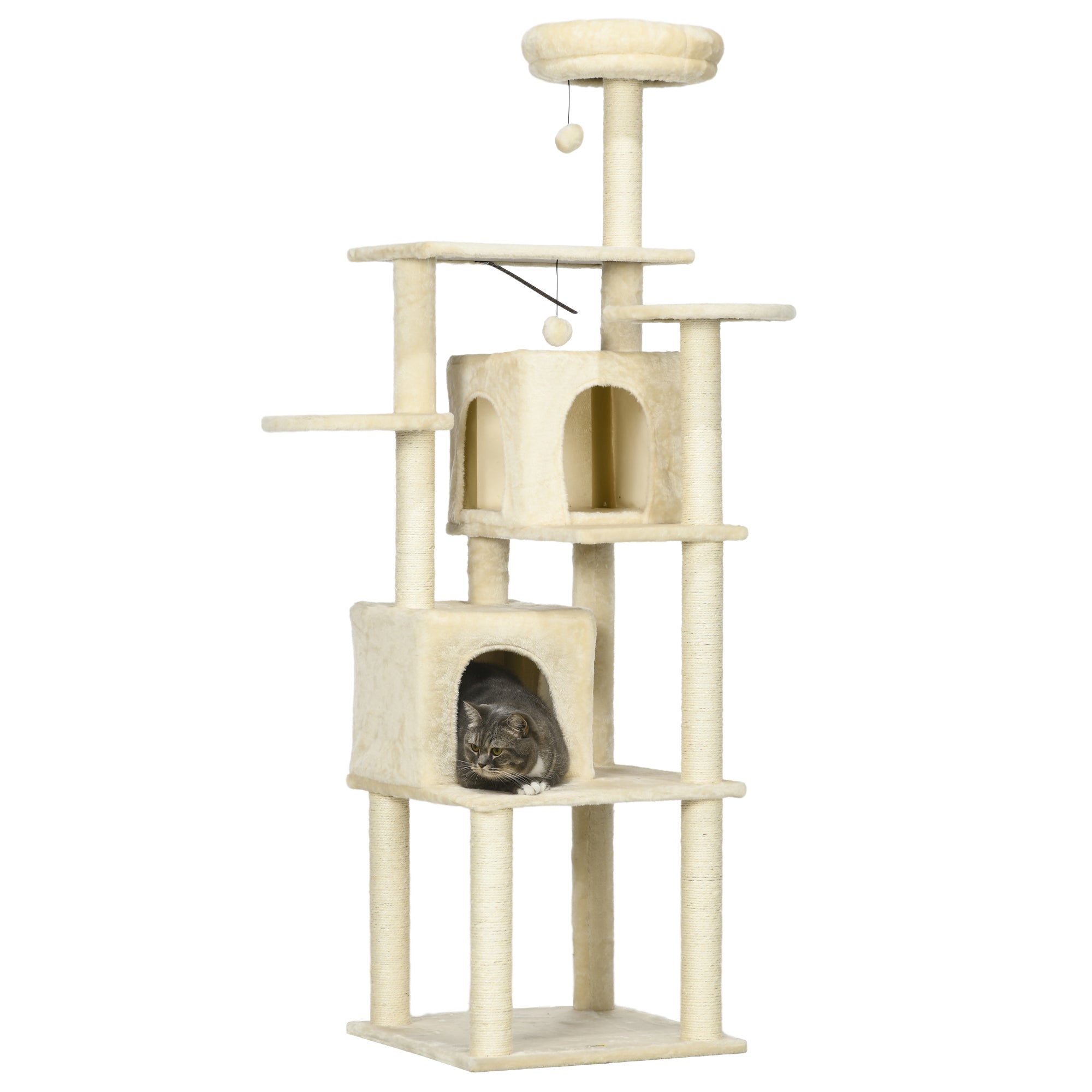 Cat Tree Climbing Scratcher Play Tower DIY Design, 171 cm Height Activity Center with 2 Niches 6 Platforms 2 Hanging Pompons Beige