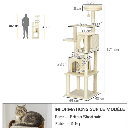 Cat Tree Climbing Scratcher Play Tower DIY Design, 171 cm Height Activity Center with 2 Niches 6 Platforms 2 Hanging Pompons Beige