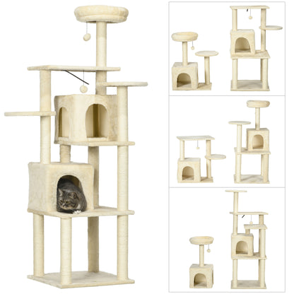Cat Tree Climbing Scratcher Play Tower DIY Design, 171 cm Height Activity Center with 2 Niches 6 Platforms 2 Hanging Pompons Beige