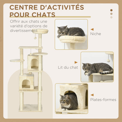 Cat Tree Climbing Scratcher Play Tower DIY Design, 171 cm Height Activity Center with 2 Niches 6 Platforms 2 Hanging Pompons Beige