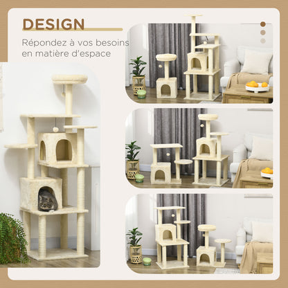 Cat Tree Climbing Scratcher Play Tower DIY Design, 171 cm Height Activity Center with 2 Niches 6 Platforms 2 Hanging Pompons Beige