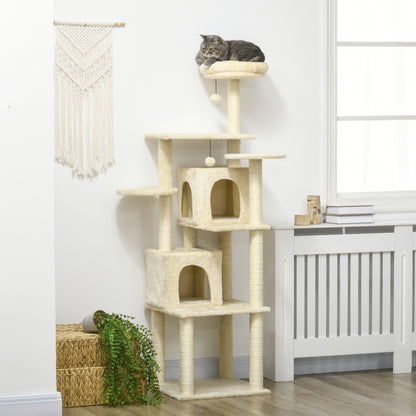 Cat Tree Climbing Scratcher Play Tower DIY Design, 171 cm Height Activity Center with 2 Niches 6 Platforms 2 Hanging Pompons Beige