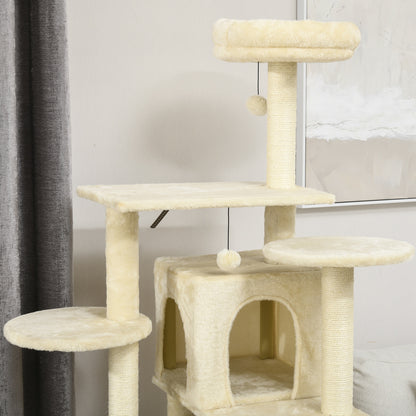 Cat Tree Climbing Scratcher Play Tower DIY Design, 171 cm Height Activity Center with 2 Niches 6 Platforms 2 Hanging Pompons Beige