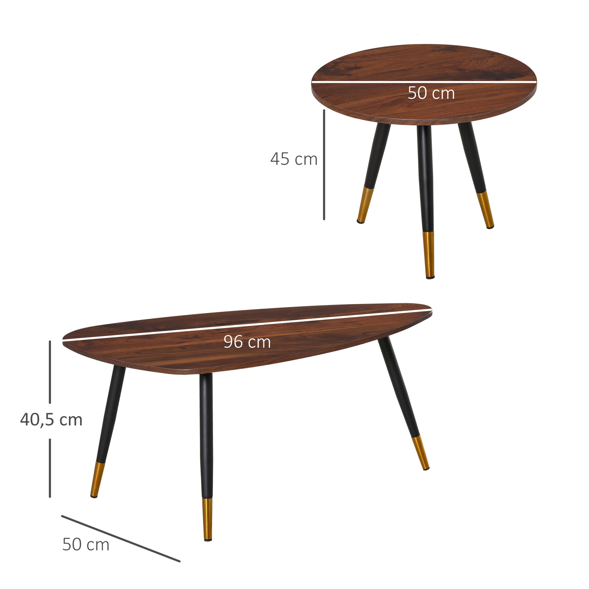 Set of 2 Art Deco Style Nesting Coffee Tables Tapered Metal Legs Black with Golden Tips MDF Dark Teak Wood Grain