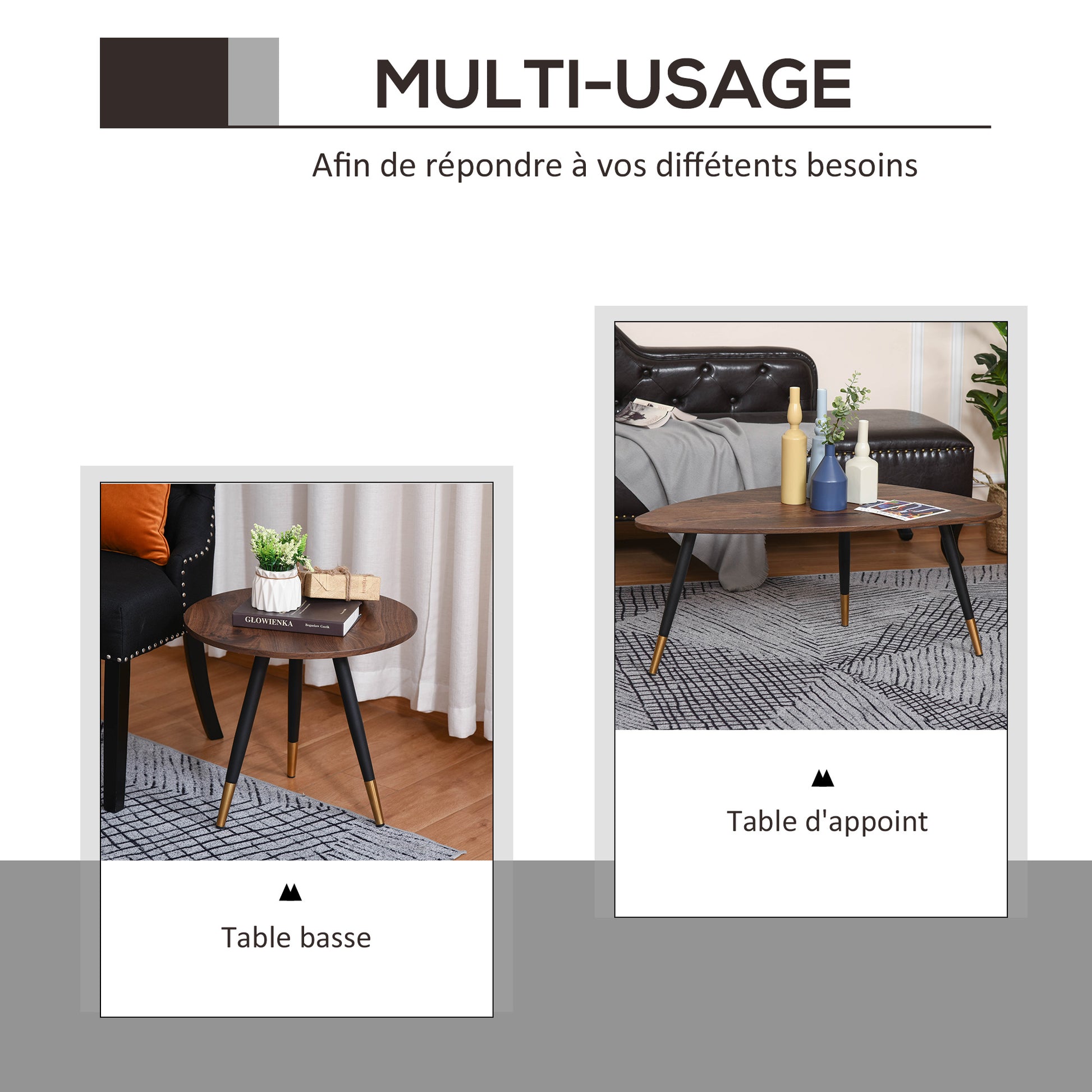 Set of 2 Art Deco Style Nesting Coffee Tables Tapered Metal Legs Black with Golden Tips MDF Dark Teak Wood Grain