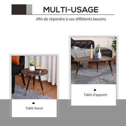 Set of 2 Art Deco Style Nesting Coffee Tables Tapered Metal Legs Black with Golden Tips MDF Dark Teak Wood Grain