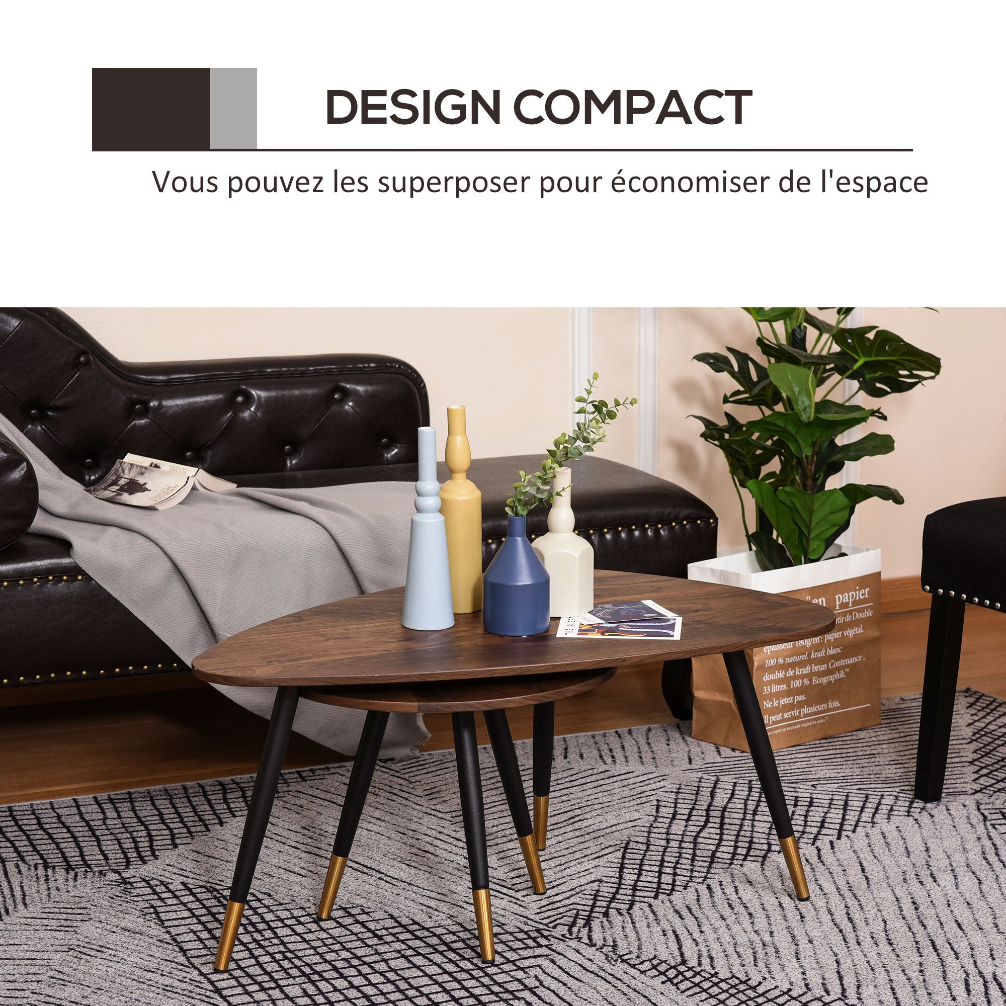 Set of 2 Art Deco Style Nesting Coffee Tables Tapered Metal Legs Black with Golden Tips MDF Dark Teak Wood Grain