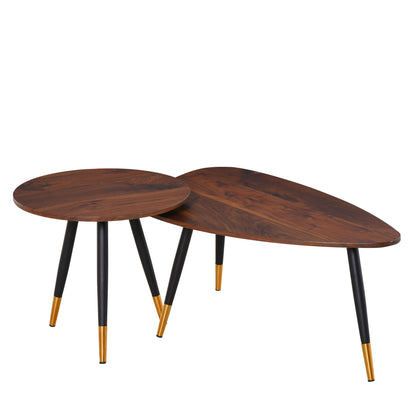 Set of 2 Art Deco Style Nesting Coffee Tables Tapered Metal Legs Black with Golden Tips MDF Dark Teak Wood Grain