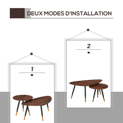 Set of 2 Art Deco Style Nesting Coffee Tables Tapered Metal Legs Black with Golden Tips MDF Dark Teak Wood Grain