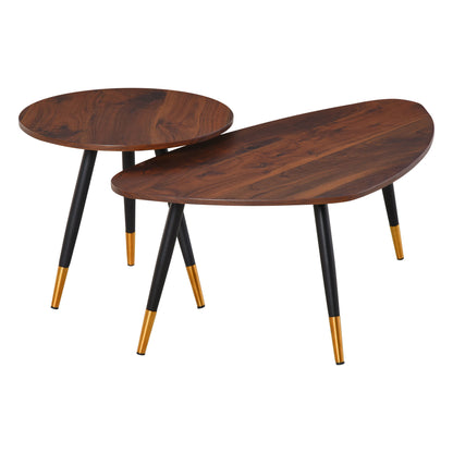 Set of 2 Art Deco Style Nesting Coffee Tables Tapered Metal Legs Black with Golden Tips MDF Dark Teak Wood Grain