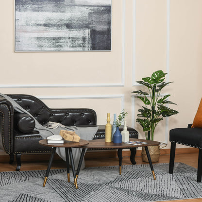 Set of 2 Art Deco Style Nesting Coffee Tables Tapered Metal Legs Black with Golden Tips MDF Dark Teak Wood Grain