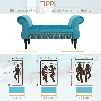 Padded Bench, Velvet Look, Luxury Bed Bench with Wooden Legs, Hallway Bench for Bedroom, up to 150 kg Load Capacity, Blue, 117 x 40 x 58 cm